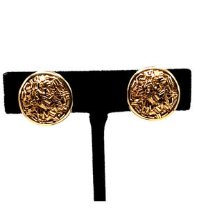 RARE Vintage Crown Trifari Gold Plated Textured Round Clip-On Earrings Signed